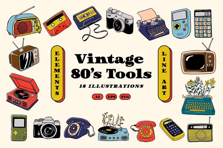 Vintage Tools 80s Illustration Line Art  80年代复古生活家用电器手绘线面插图插画Ai矢量设计素材