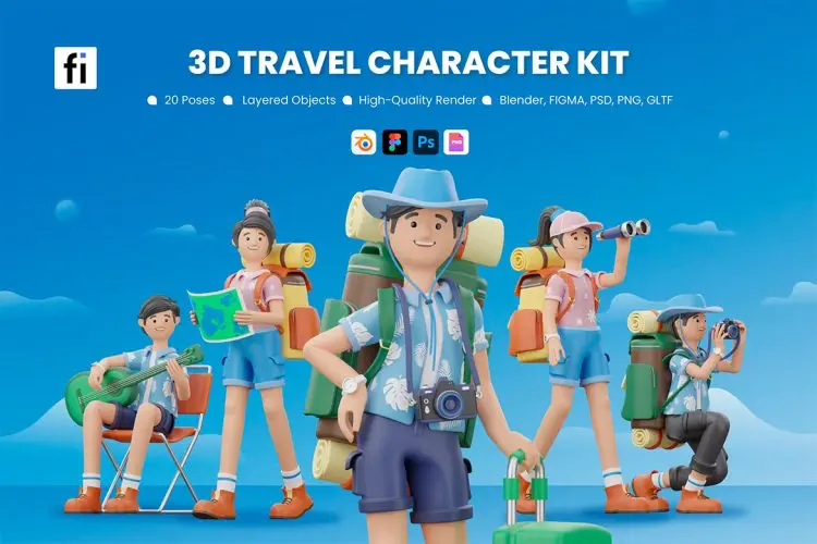 3D Travel Character Kit  20款旅游旅行探险3D卡通人物营销演示插图插画webp免抠图片设计素材