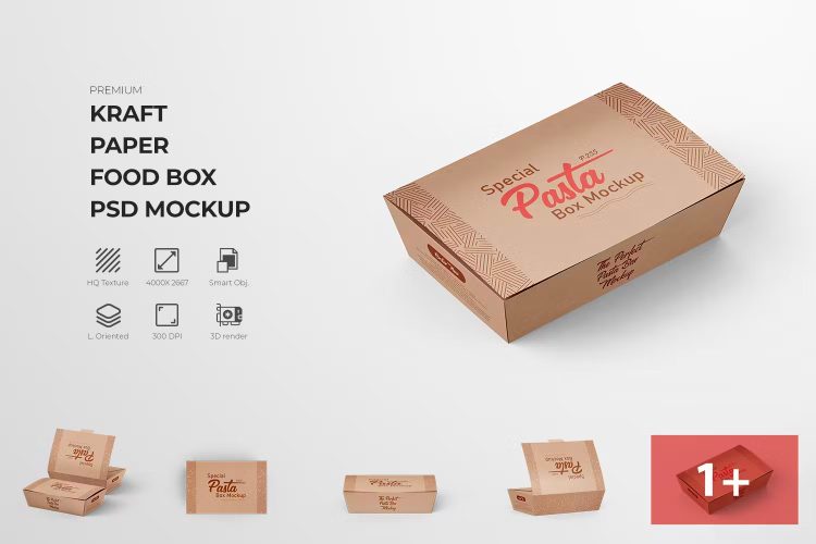 Eco Brand’s Visuals Kraft Paper Food Box Mockup 逼真牛皮纸食品包装打包盒模型品牌logo标识设计贴图ps样机素材模板