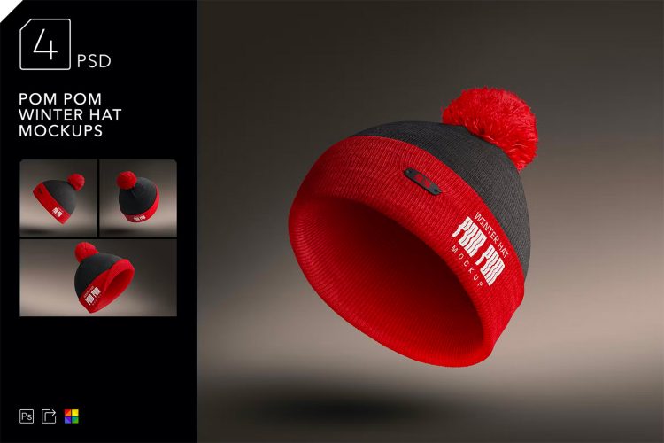 Pom Pom Winter Hat Mockups 冬季保暖Pom pom绒球帽子模型展示设计贴图ps配饰样机素材模板