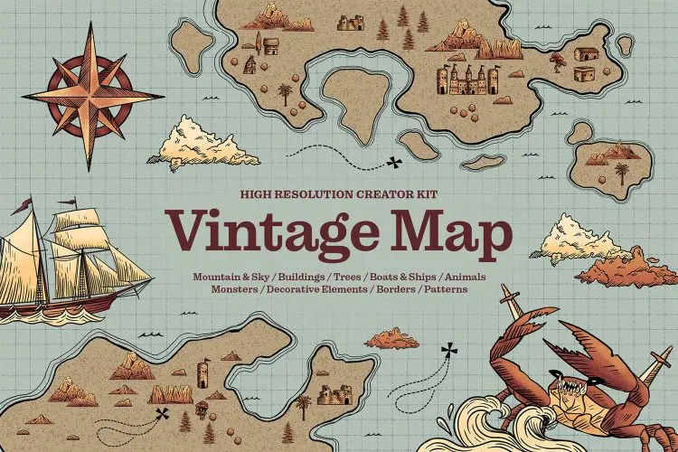Vintage Map Creator Kit 复古游戏航海地图小岛大陆远古海妖海怪地下城冒险插图插画图片ps分层设计素材