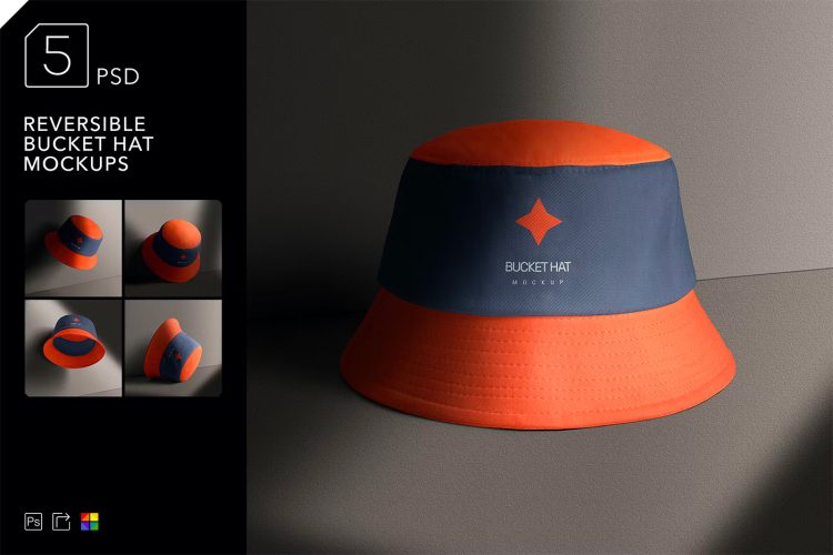 Reversible Bucket Hat Mockups 水桶渔夫帽模型商标logo帽内外面设计贴图ps样机素材模板