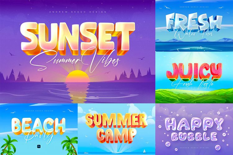 Summer Text Effects  6款清凉夏日夏季专属3D立体层叠文本字母logo展示ps特效样机素材模板