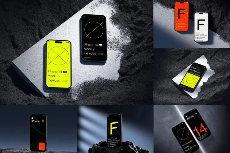F-Mockups iPhone 14 Pro Max  16款水泥工业风iPhone苹果手机App设计贴图ps样机素材展示效果图