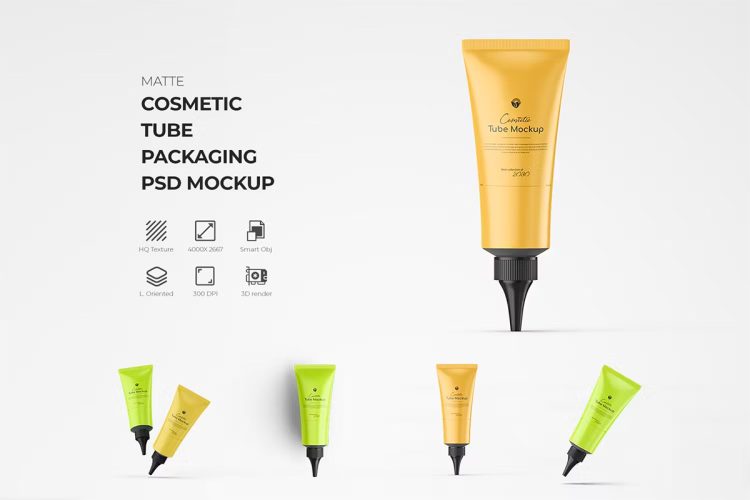 Matte Nozzle Plastic Cosmetic Tube Mockup 哑光喷嘴塑料化妆品胶水管模型包装logo标识贴图ps样机素材国外设计模板