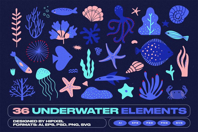 36 Underwater Fishes & Shells Elements 手绘水下鱼类贝壳海洋生物元素插图插画图片Ai矢量设计素材