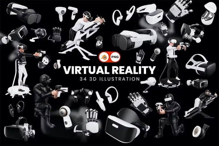 Virtual Reality 3D Illustration Pack  34款VR虚拟现实设备操作3D人物演示插图插画webp免抠图片设计素材