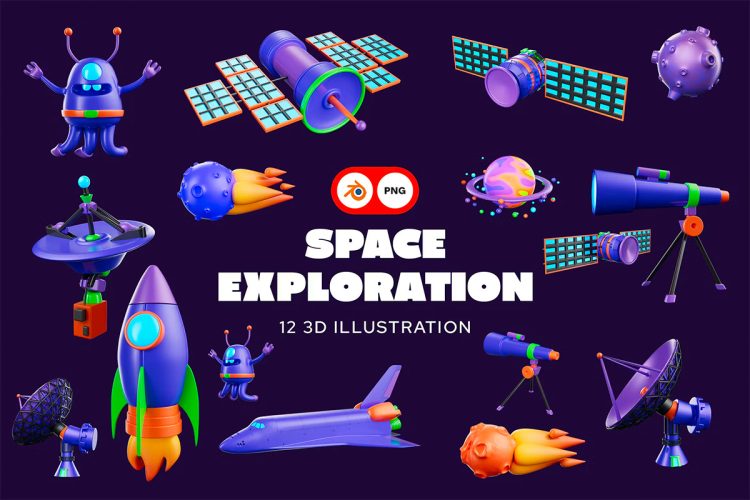 Space Exploration 3D Illustration  12款宇宙太空探索科技设施设备3D插图插画png免抠图片设计素材
