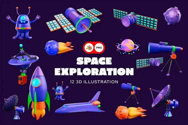 Space Exploration 3D Illustration  12款宇宙太空探索科技设施设备3D插图插画webp免抠图片设计素材