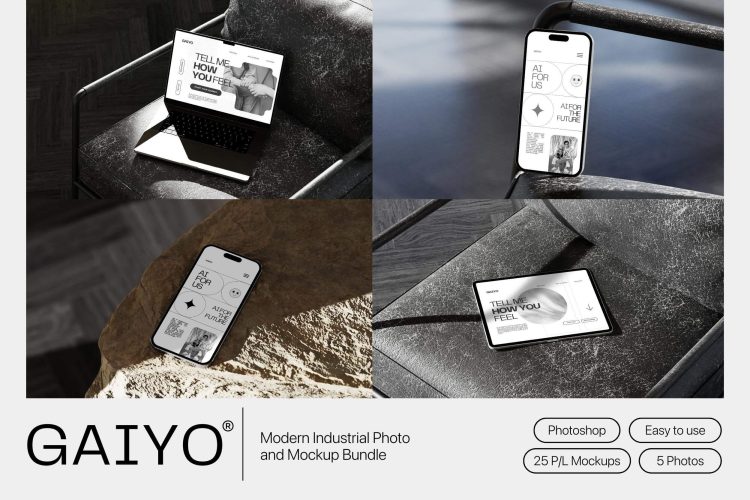 Gaiyo – Industrial Mockup Bundle  25款工业风iPhone手机iPad页面设计贴图ps样机素材空间展示效果图