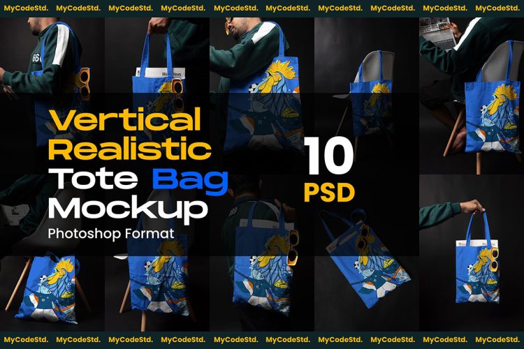 Vertical Realistic Tote Bag Mockup  10款文创手提袋拎袋帆布袋环保袋设计ps样机素材模特展示效果图