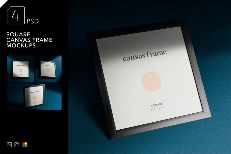 Square Canvas Frame Mockups 正方形帆布艺术画木质框架模型绘画作品设计贴图ps展览展示样机素材模板