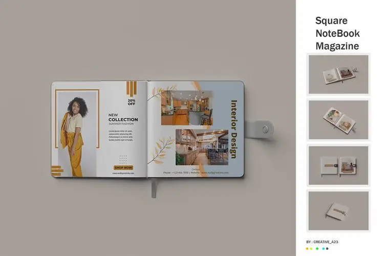 Square NoteBook Magazine Mock-Up  5款圆角软面方形搭扣笔记本记事本备忘录模型封面内页展示设计贴图ps文具样机素材模板