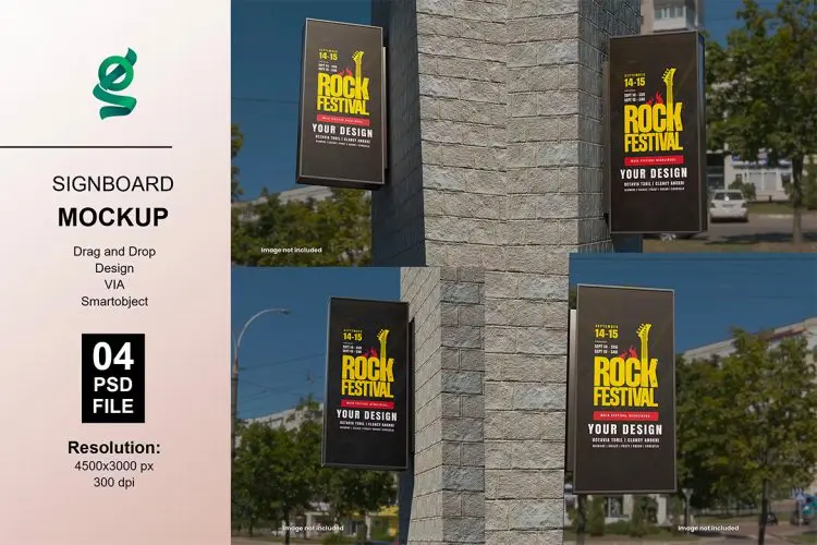 Signboard Mockup  4款户外墙面长方形招牌模型营销广告设计贴图ps展览展示样机素材模板
