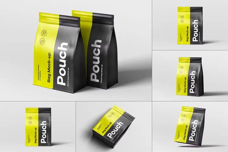 Protein Pouch Bag Mockup 铝箔自立袋自封袋蛋白粉产品包装设计贴图ps样机素材展示效果图