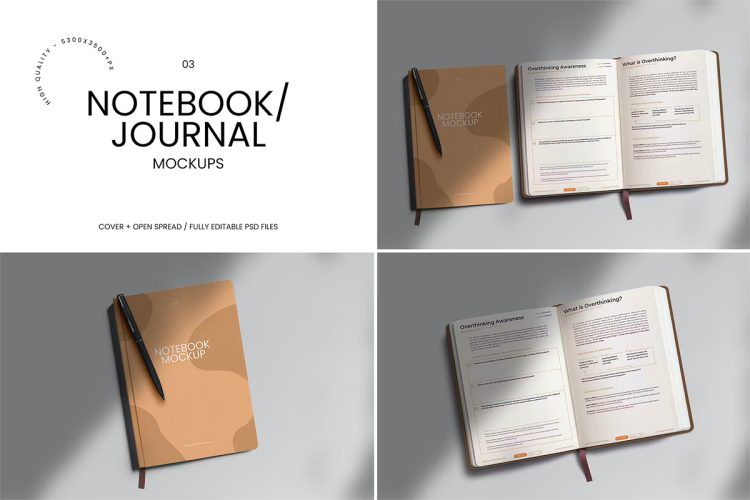 A4 Notebook Journal Mockup  A4尺寸笔记本日记本记事本备忘录模型封面内页设计贴图ps文具样机素材国外设计模板