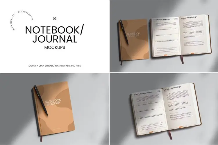 A4 Notebook Journal Mockup  A4尺寸笔记本日记本记事本备忘录模型封面内页设计贴图ps文具样机素材国外设计模板