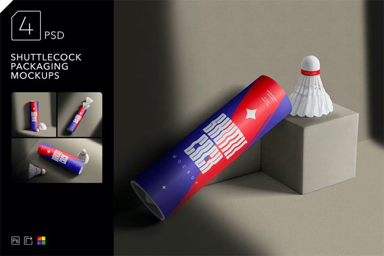 Shuttlecock Packaging Mockups 羽毛球圆柱纸桶模型运动品牌包装设计贴图ps运动样机素材国外设计模板