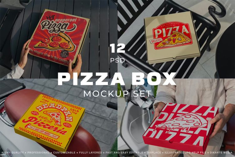 Pizza Box Mockups Set  12款披萨外卖打包盒纸盒包装设计贴图ps样机素材场景展示效果图