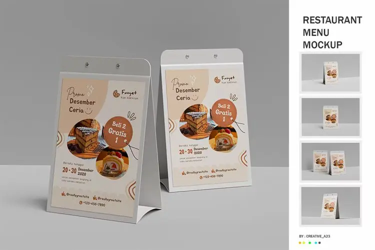 Restaurant Menu Mockup 餐厅自立桌卡塑料架模型菜单营销展示设计贴图ps文具样机素材模板