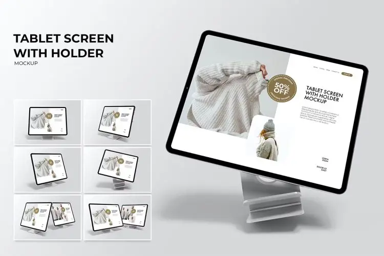 Tablet Screen With Holder Mockup 带支架的iPad平板电脑屏幕模型用户界面ui设计展示贴图ps样机素材模板