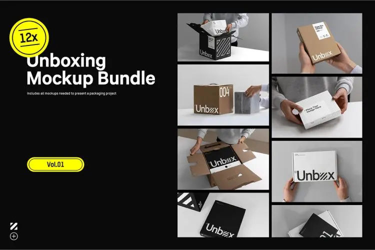 12x Unboxing Mockup Bundle  12款纸盒产品包装盒快递打包盒开箱ps样机贴图素材场景展示效果图