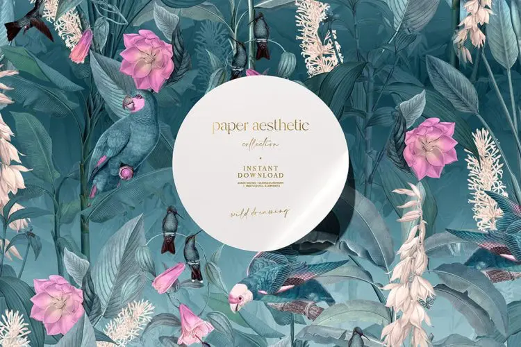 Tropical Mint Surface Pattern 典雅荷花鹦鹉花卉植物插画拼贴图案纹样webp免抠图片设计素材