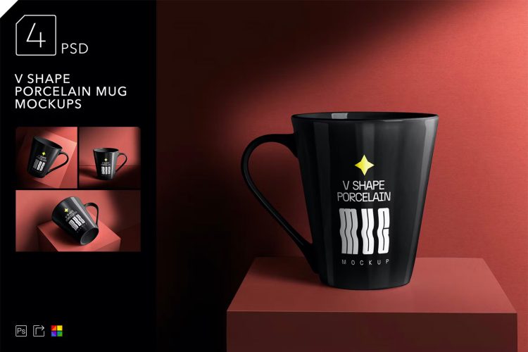 V Shape Porcelain Mug Mockups  V形陶瓷水杯马克杯模型品牌logo设计贴图ps包装样机素材模板