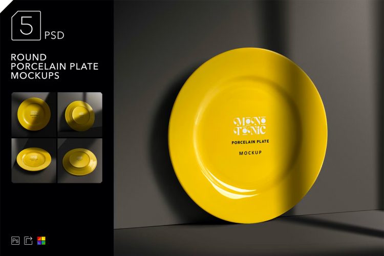 Round Porcelain Plate Mockups 光影圆形餐盘骨盘瓷盘模型品牌logo设计贴图ps样机素材模板