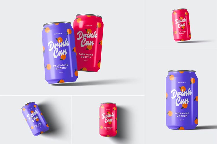 Drink Can Mockups 果汁汽水饮料金属易拉罐模型包装展示设计贴图ps样机素材模板