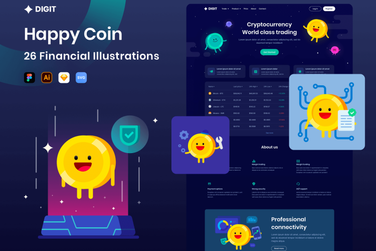 Digit Coin Illustration pack 可爱的卡通金币小图标图片icon素材下载