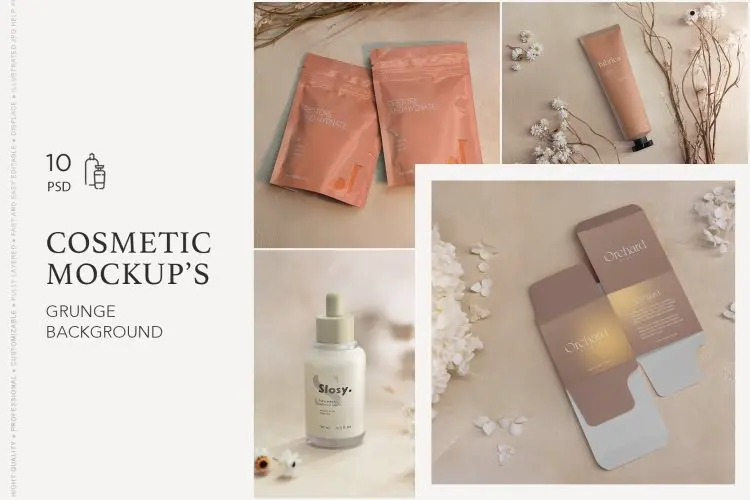 Cosmetic MockUp’s Grunge Background 美妆护肤品容器包装样机psd模板,化妆品分装瓶容器包装样机空白贴图