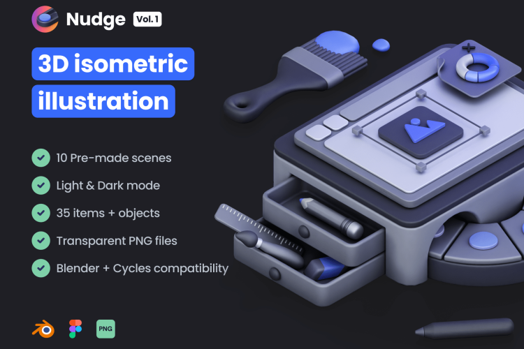 Nudge Vol.1 – Isometric Illustration  45款3D立体未来科幻数码游戏等距插图插画png免抠图片设计素材