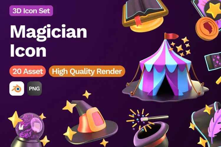 3D Magician Icon 20款魔术师魔术表演魔法师杂技icon图标webp免抠图片素材