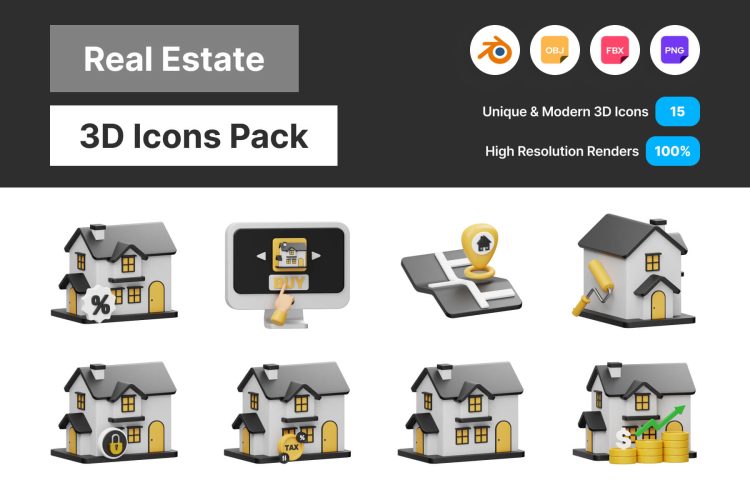 Real Estate 3D Icon  15个房地产房屋建筑营销演示3D图标icon设计素材png免抠图片