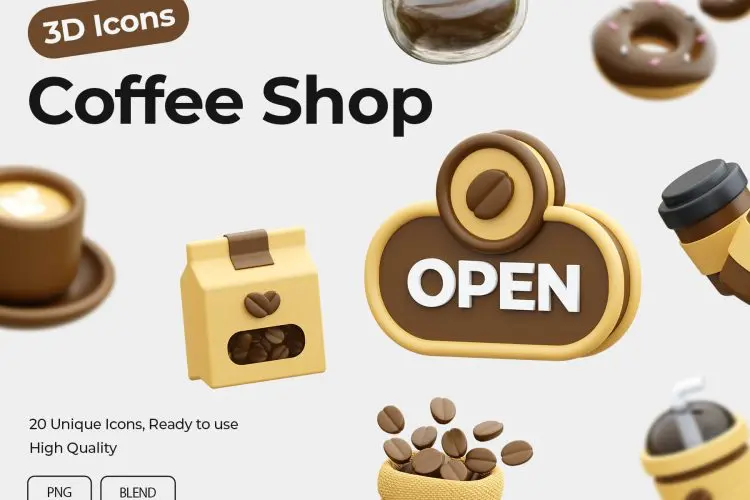 Coffee Shop 3D Icon  20款咖啡专卖店营销展示3D图标icon设计素材webp免抠图片