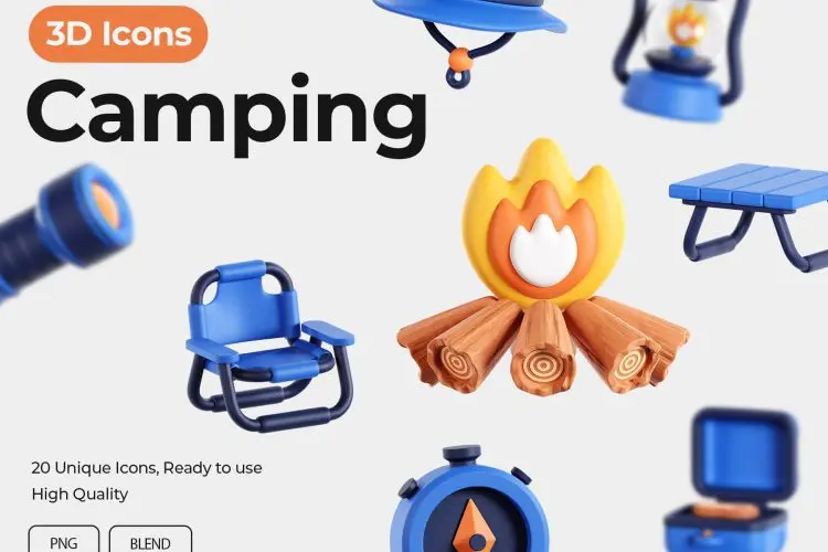 Camping 3D Icons  20款出游旅行野营装备演示3D图标icon设计素材webp免抠图片