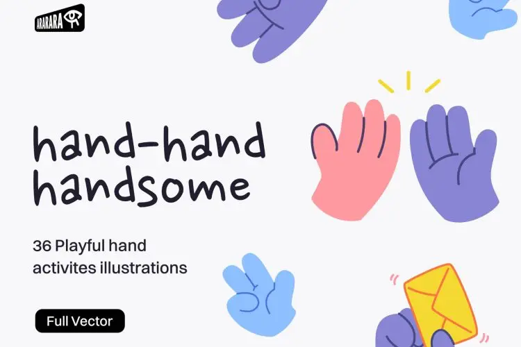 Hand-hand Handsome  36款潮流趣味卡通扁平化手指手语手势动作表情包ai插画设计素材