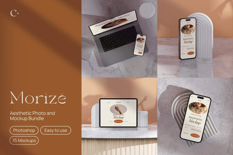 Morize – Aesthetic Photo & Mockup  30款优雅轻奢iPhone手机Macbook笔记本电脑ps样机素材展示效果图