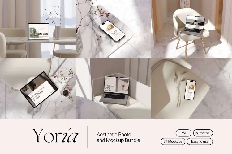 Yoria – Aesthetic Mockup Bundle  31款波西米亚风室内场景苹果MacBook笔记本iPad电脑iPhone 14屏幕演示贴图PSD样机模板