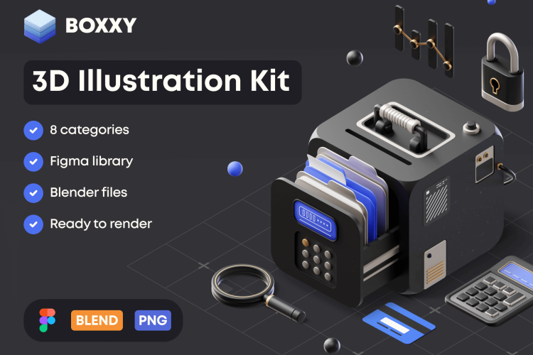 BOXXY 3D Illustration Kit  3D未来科幻赛博朋克电商游戏机械工业插图插画png免抠图片素材