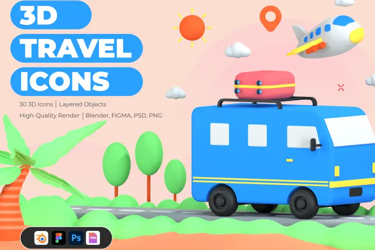 30 3D Icons Illustration Travel and Vacation  30款旅游出行度假住宿预订行程计划3D图标icon素材webp免抠图文件