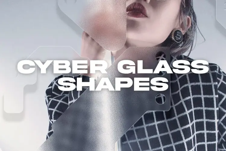 Cyber Glass – Shapes 50款赛博朋克PNG免扣图形设计元素+磨砂玻璃特效样机设计套装