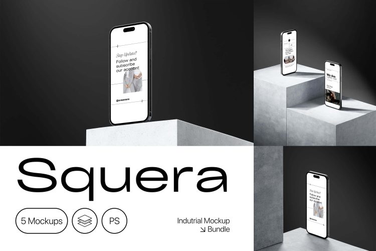 Squera – Minimal iPhone Mockup  5款时尚APP界面设计苹果iPhone 14 Pro屏幕演示PS展示贴图样机模板素材