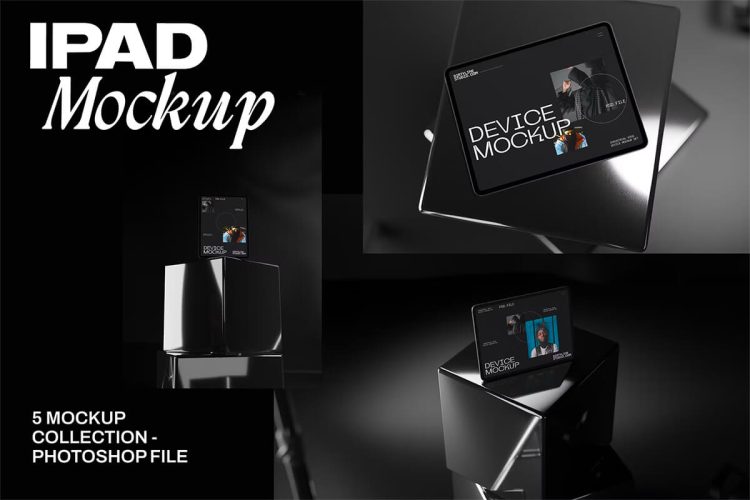 Ipad Mockup Device 5款金属暗黑工业风影棚工作室iPad平板电脑ps样机素材展示效果图