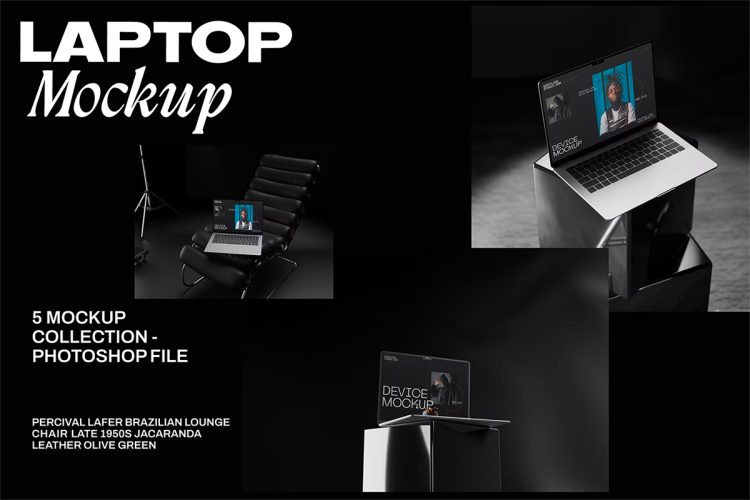 Laptop Mockup Device  5款极简暗黑质感笔记本电脑UI界面屏幕设计展示PSD样机