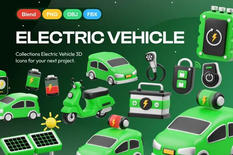 Electric Vehicle 3D Icon 15款3D卡通绿色新能源电池环保可回收插图插画webp免抠图片素材