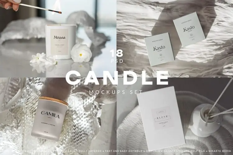 Candle Mockups Set  18款蜡烛香薰精油香氛包装设计贴图ps样机素材居家场景展示效果图