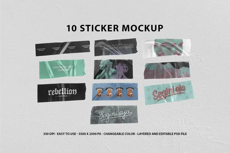 10 Realistic Sticker Mockup  10款潮流复古逼真褶皱不干胶贴纸胶带设计贴图ps样机素材展示模板