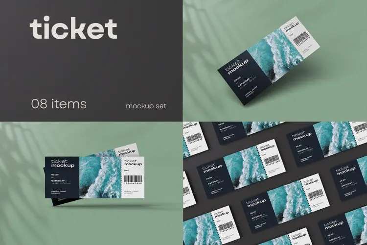 Event Ticket Mockup  8款活动演出正副联门票入场券优惠券设计贴图ps样机素材展示效果